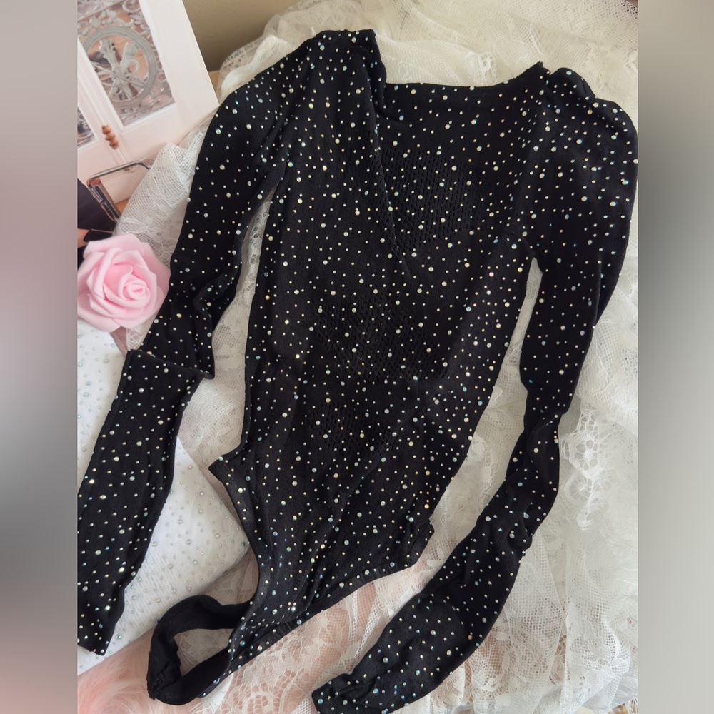 Wear Body Suit Studded Stretchy Slinky Beaded black and white long sleeve